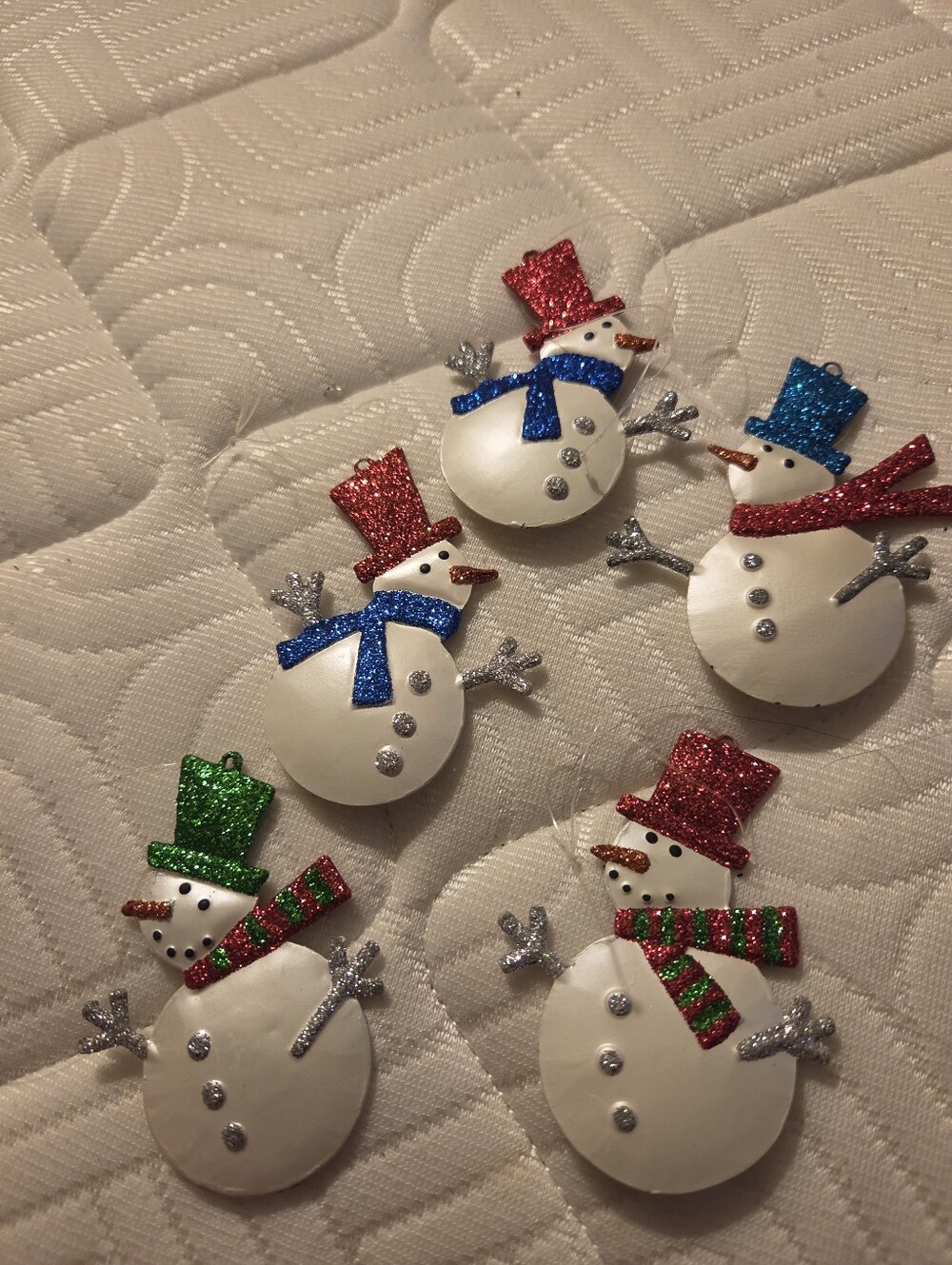 Snowman Ornaments Vintage Set of 5 Glitter Tin Puffy Painted